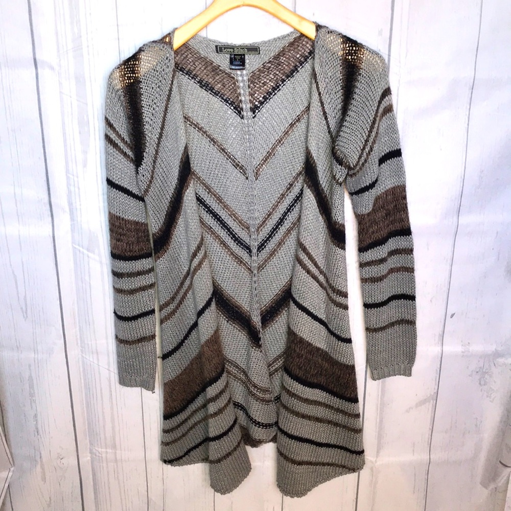 LOVE STITCH Open Front Cardigan Gray Sweater w Black & Brown Stripes WOMEN'S L